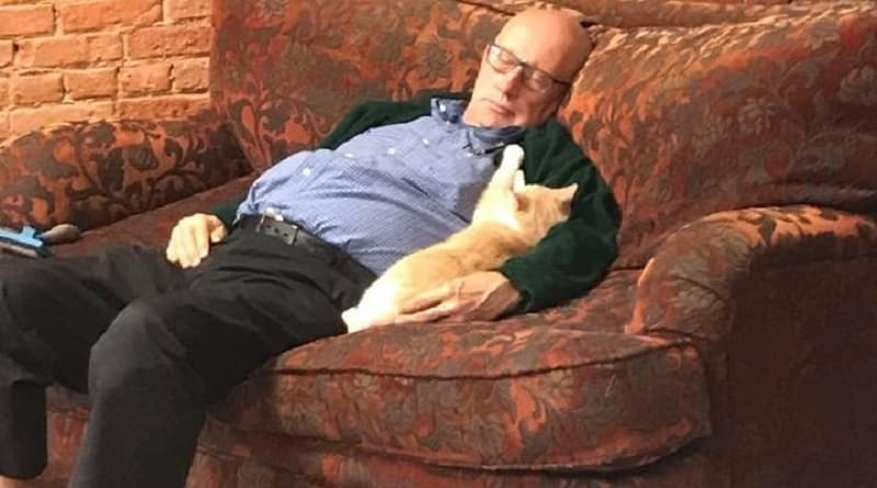 nonno volontario dorme insieme ai gatti